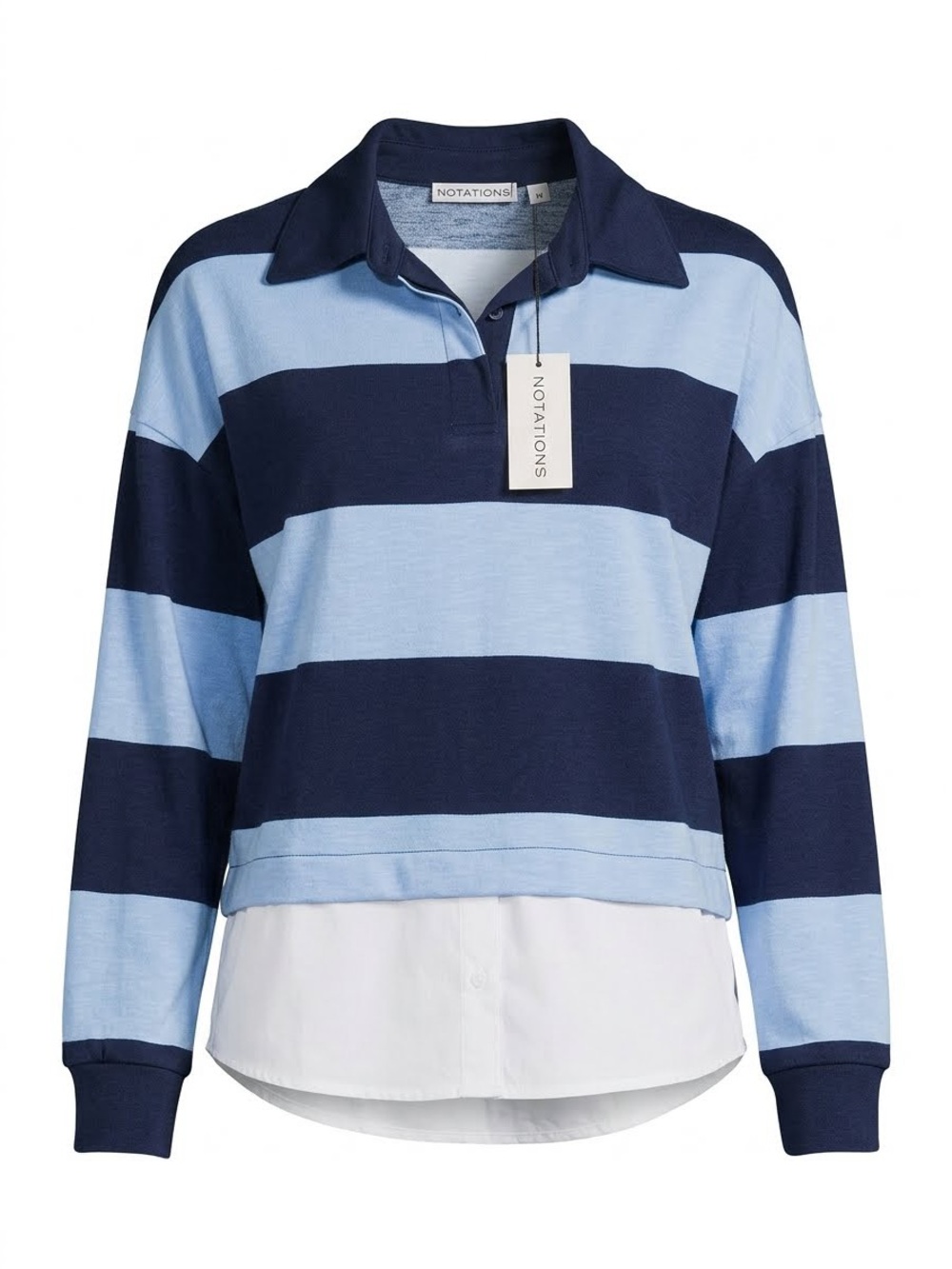 Notations Womens Blue/Navy Striped Rugby Shirt with Faux Layered Hem. NWT Size M